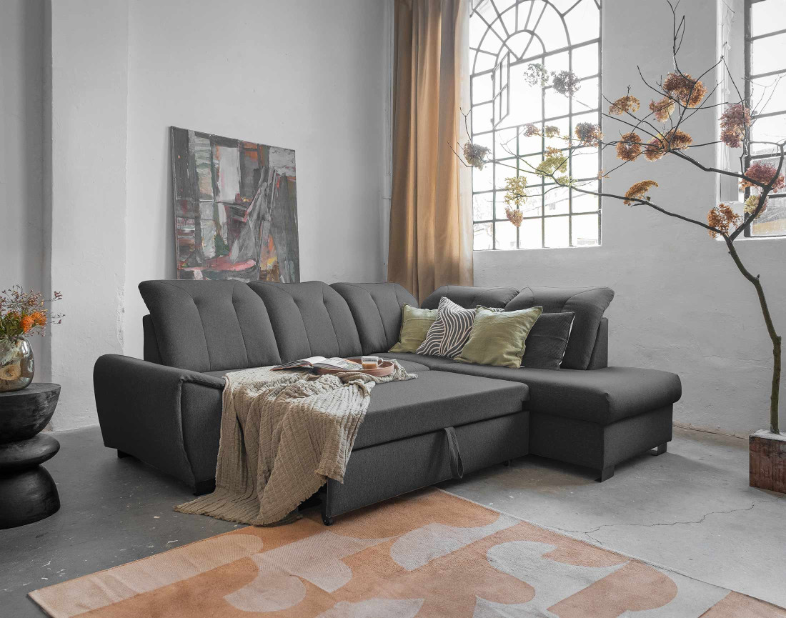 Canapé d'angle droit 5 places convertible avec coffre et têtières en tissu Paul