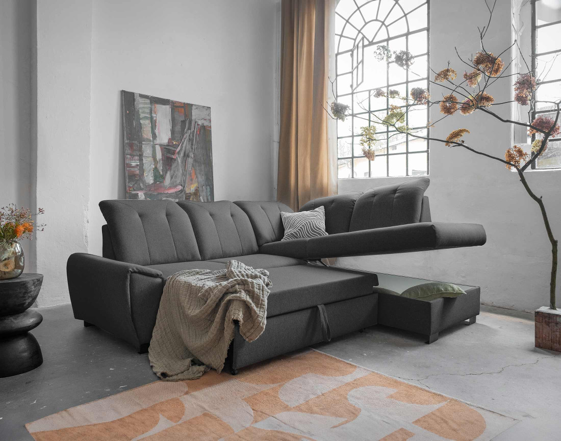 Canapé d'angle droit 5 places convertible avec coffre et têtières en tissu Paul