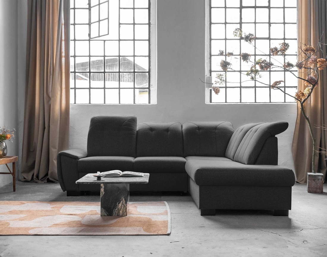 Canapé d'angle droit 5 places convertible avec coffre et têtières en tissu Paul