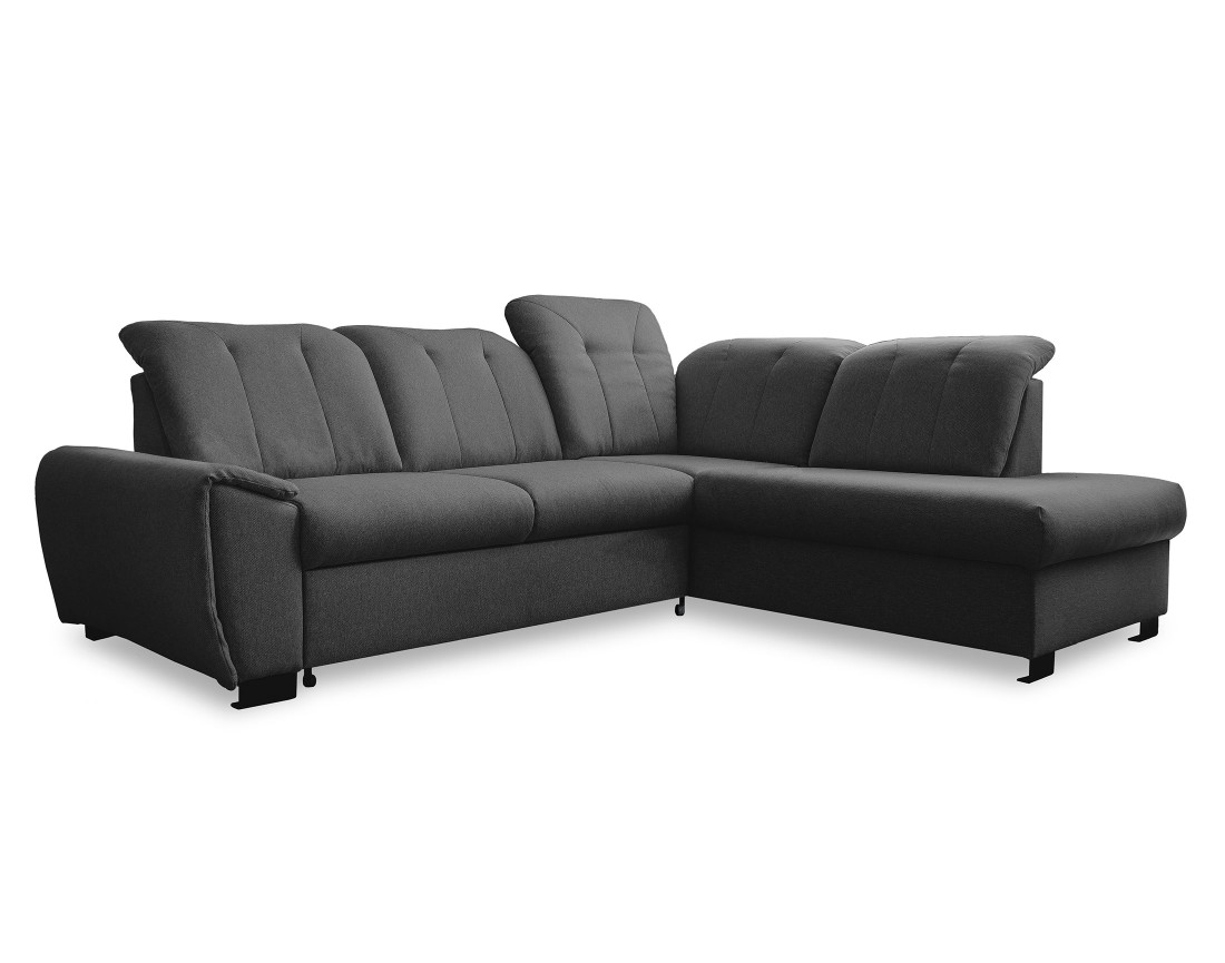 Canapé d'angle droit 5 places convertible avec coffre et têtières en tissu Paul