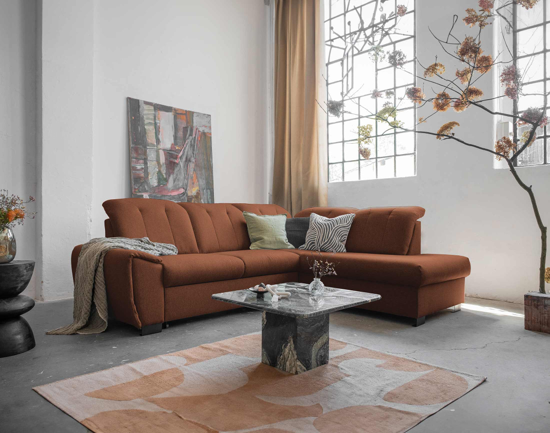 Canapé d'angle droit 5 places convertible avec coffre et têtières en tissu Paul