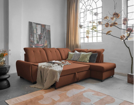 Canapé d'angle droit 5 places convertible avec coffre et têtières en tissu Paul