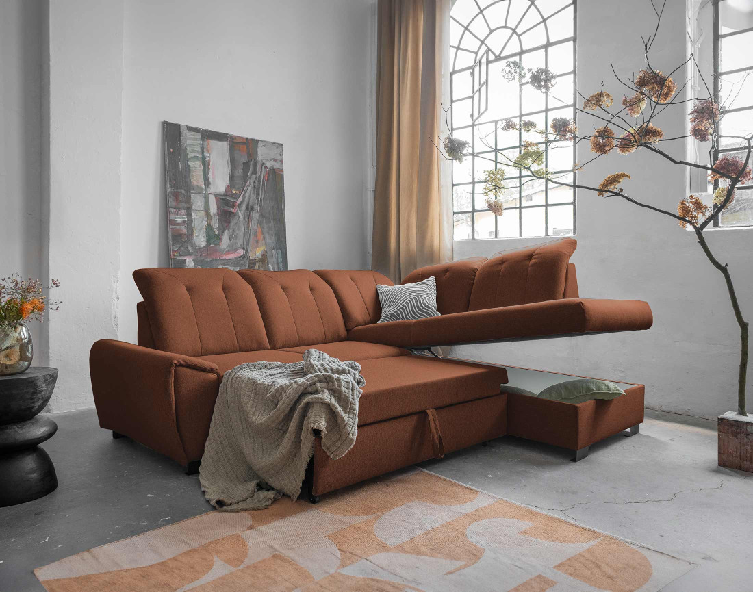 Canapé d'angle droit 5 places convertible avec coffre et têtières en tissu Paul