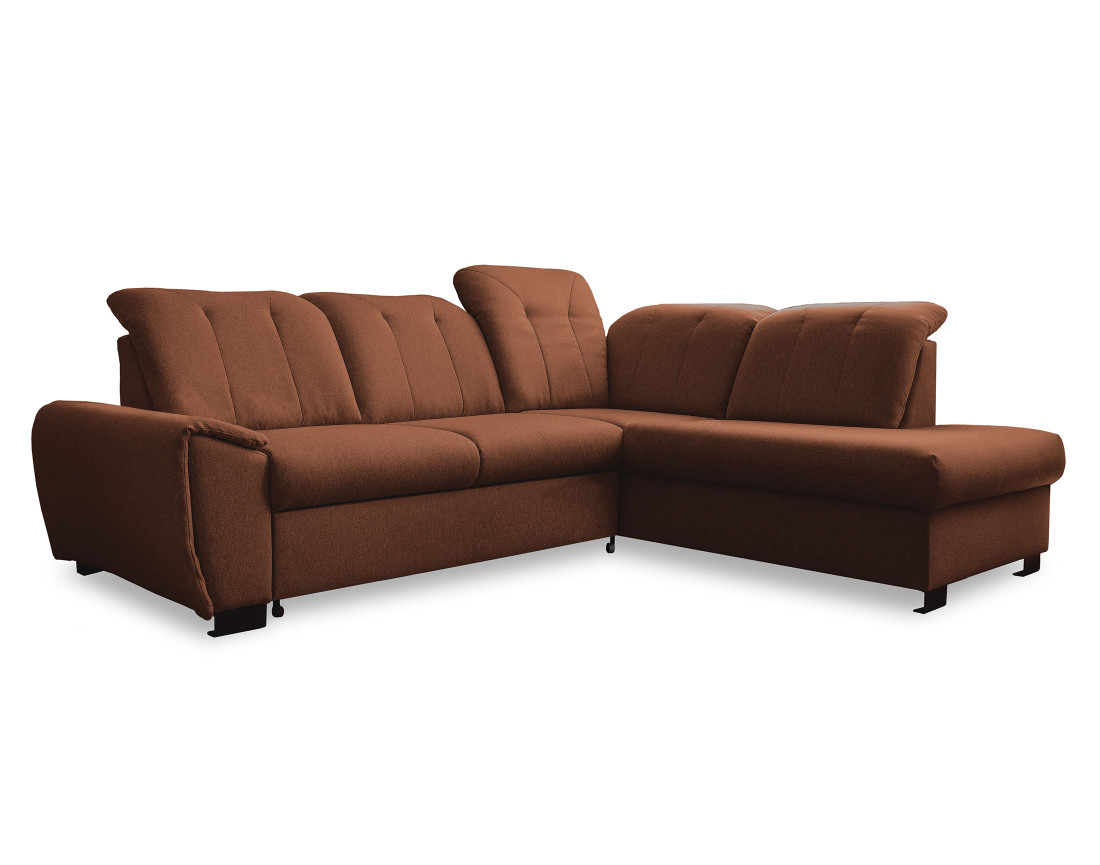 Canapé d'angle droit 5 places convertible avec coffre et têtières en tissu Paul