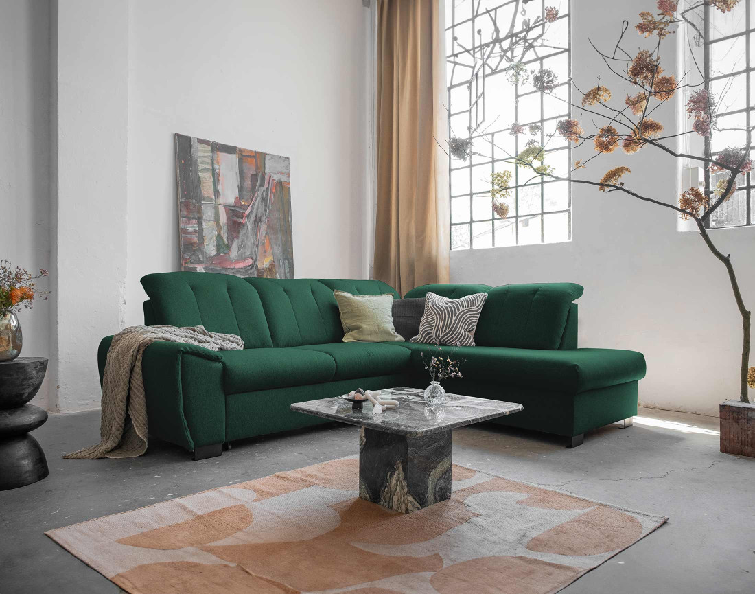 Canapé d'angle droit 5 places convertible avec coffre et têtières en tissu Paul