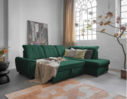 Canapé d'angle droit 5 places convertible avec coffre et têtières en tissu Paul