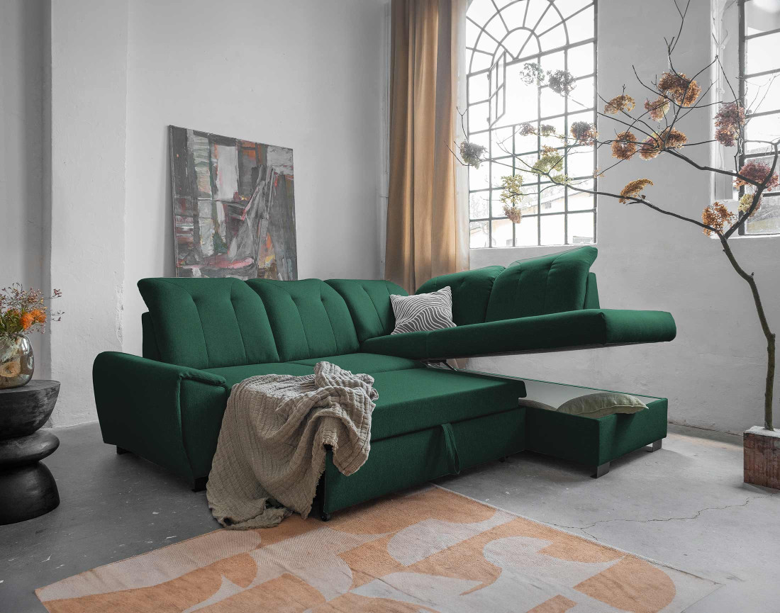 Canapé d'angle droit 5 places convertible avec coffre et têtières en tissu Paul