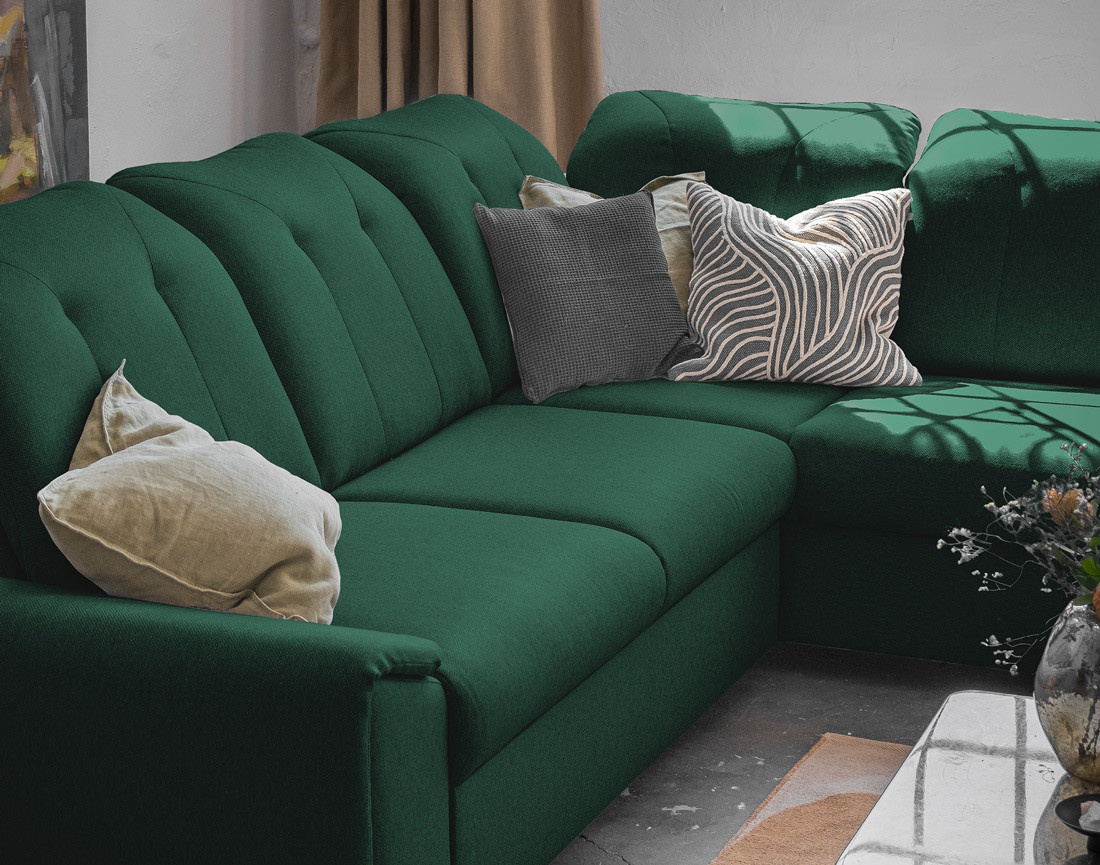 Canapé d'angle droit 5 places convertible avec coffre et têtières en tissu Paul