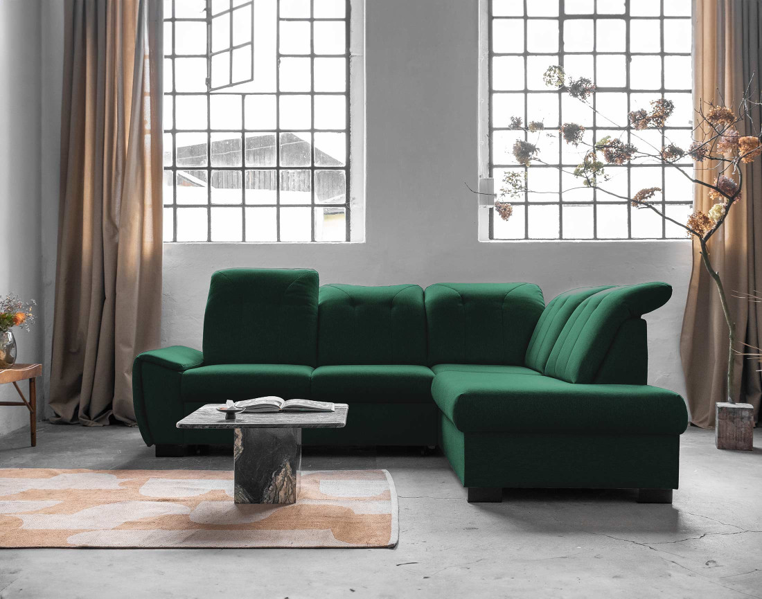 Canapé d'angle droit 5 places convertible avec coffre et têtières en tissu Paul