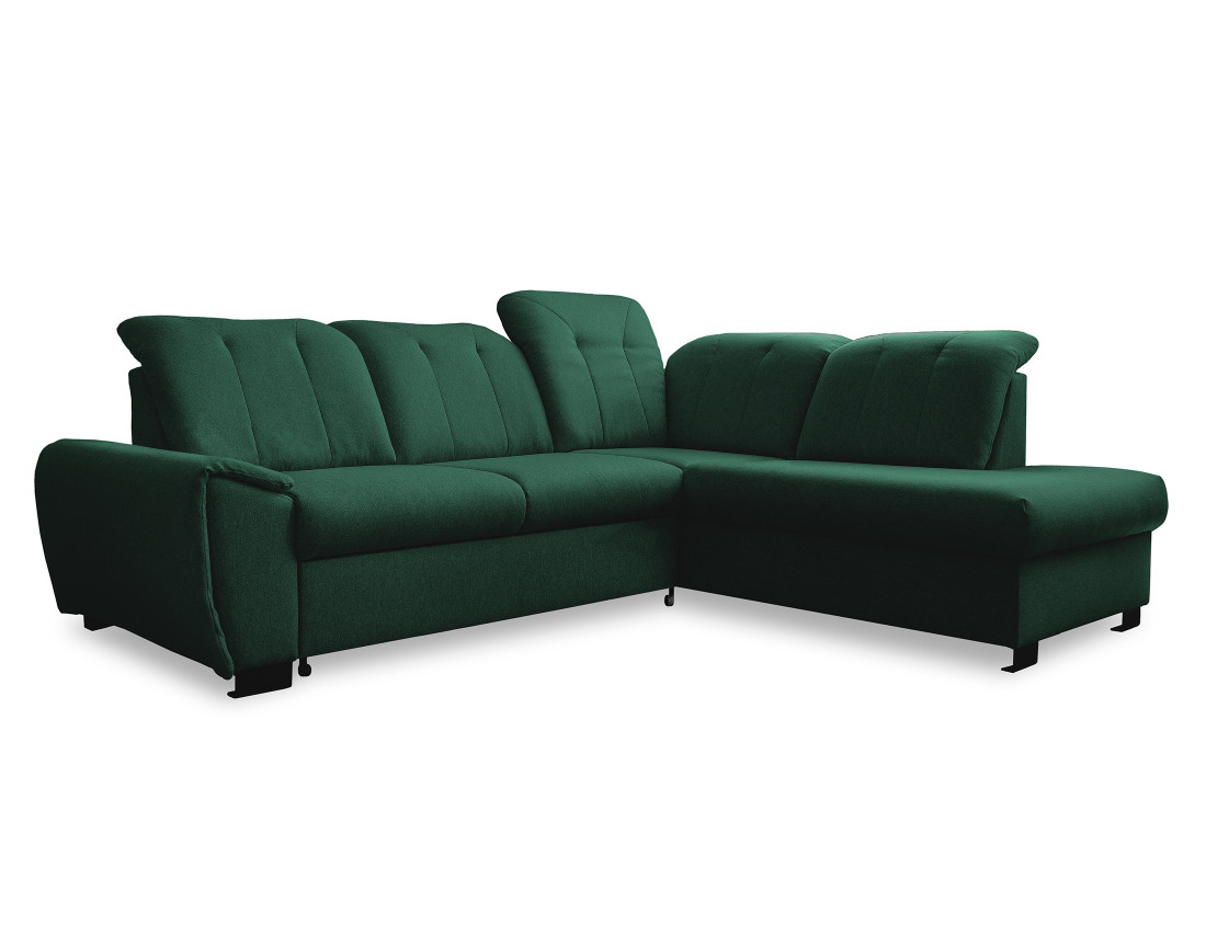 Canapé d'angle droit 5 places convertible avec coffre et têtières en tissu Paul