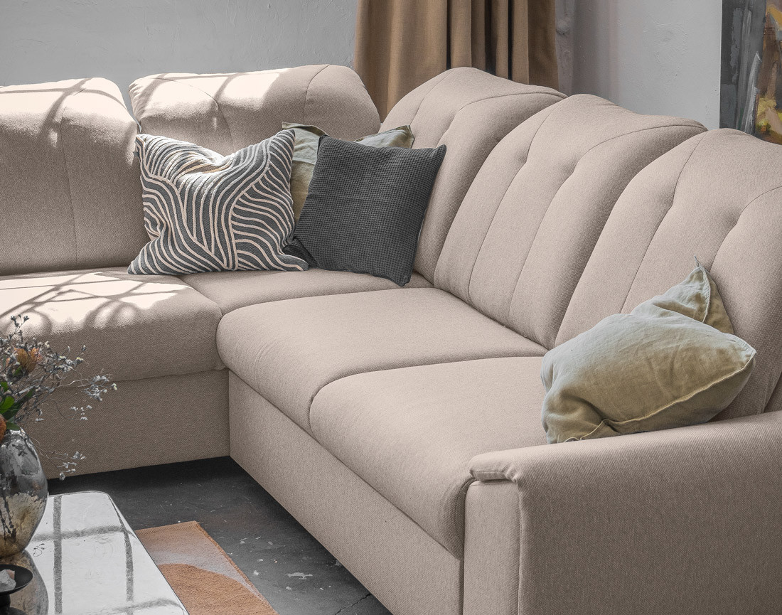 Canapé d'angle gauche 5 places convertible avec coffre et têtières en tissu Paul