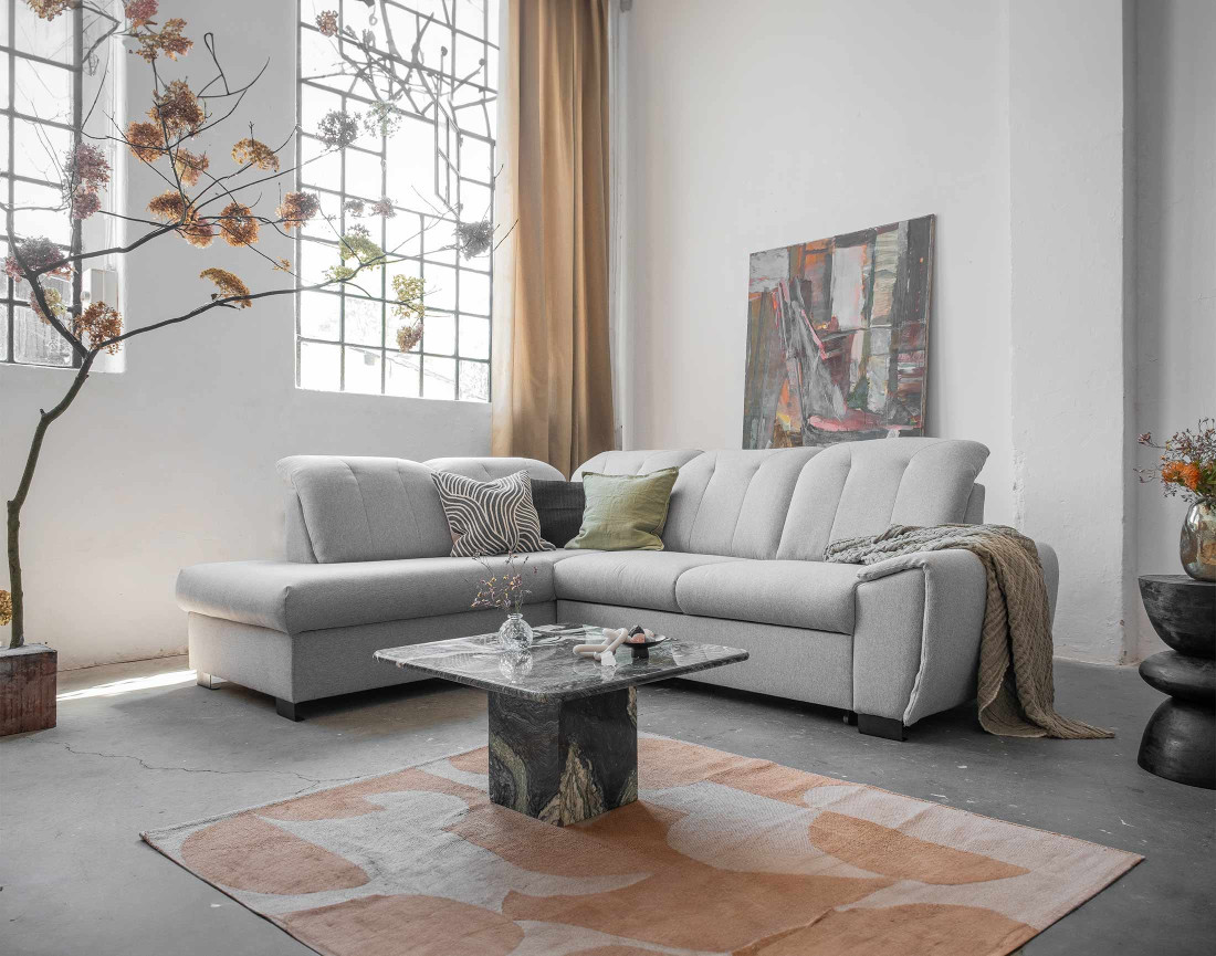 Canapé d'angle gauche 5 places convertible avec coffre et têtières en tissu Paul