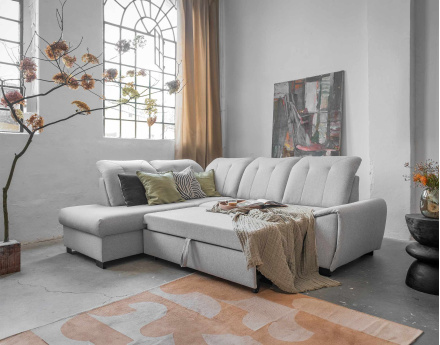 Canapé d'angle gauche 5 places convertible avec coffre et têtières en tissu Paul