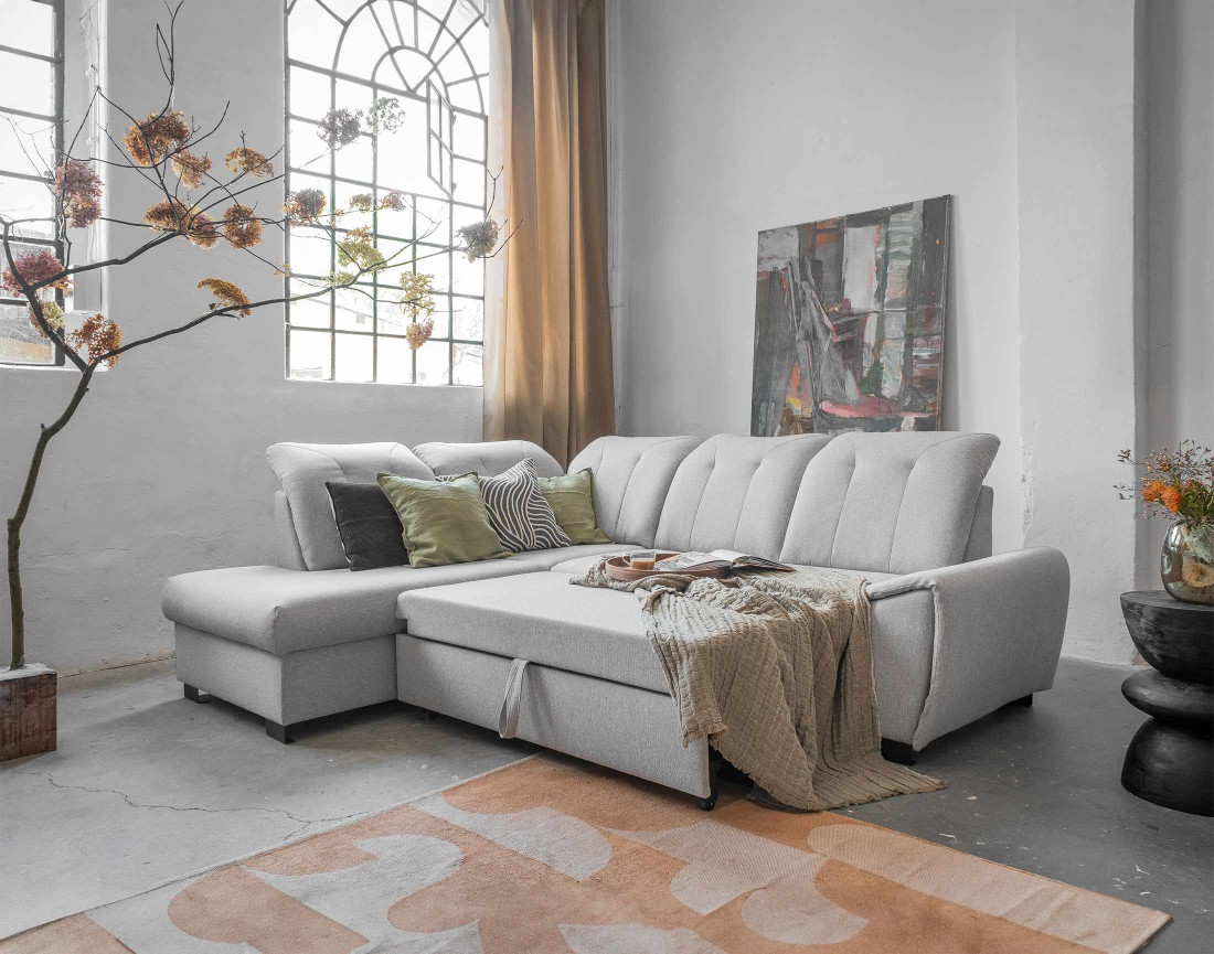 Canapé d'angle gauche 5 places convertible avec coffre et têtières en tissu Paul