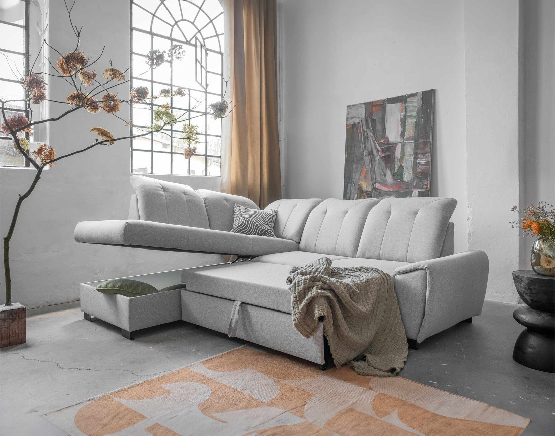 Canapé d'angle gauche 5 places convertible avec coffre et têtières en tissu Paul