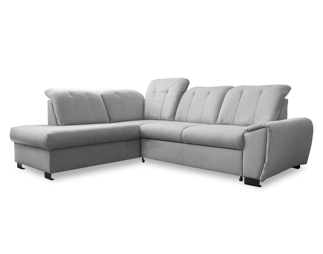 Canapé d'angle gauche 5 places convertible avec coffre et têtières en tissu Paul