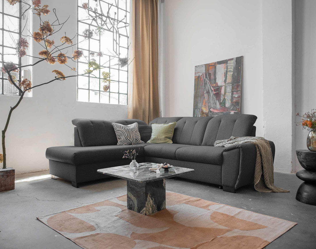 Canapé d'angle gauche 5 places convertible avec coffre et têtières en tissu Paul