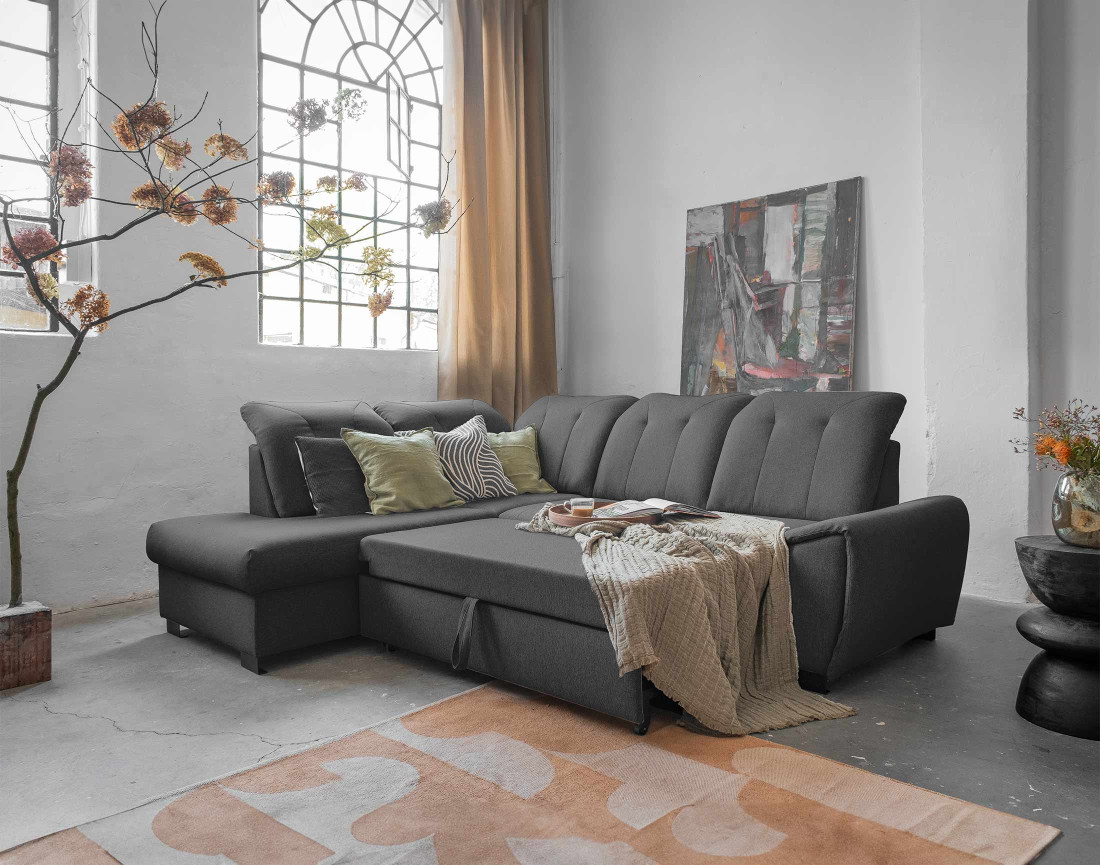 Canapé d'angle gauche 5 places convertible avec coffre et têtières en tissu Paul