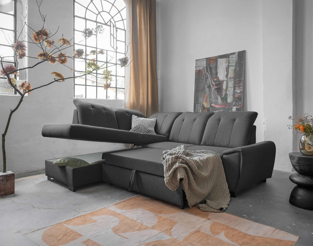 Canapé d'angle gauche 5 places convertible avec coffre et têtières en tissu Paul