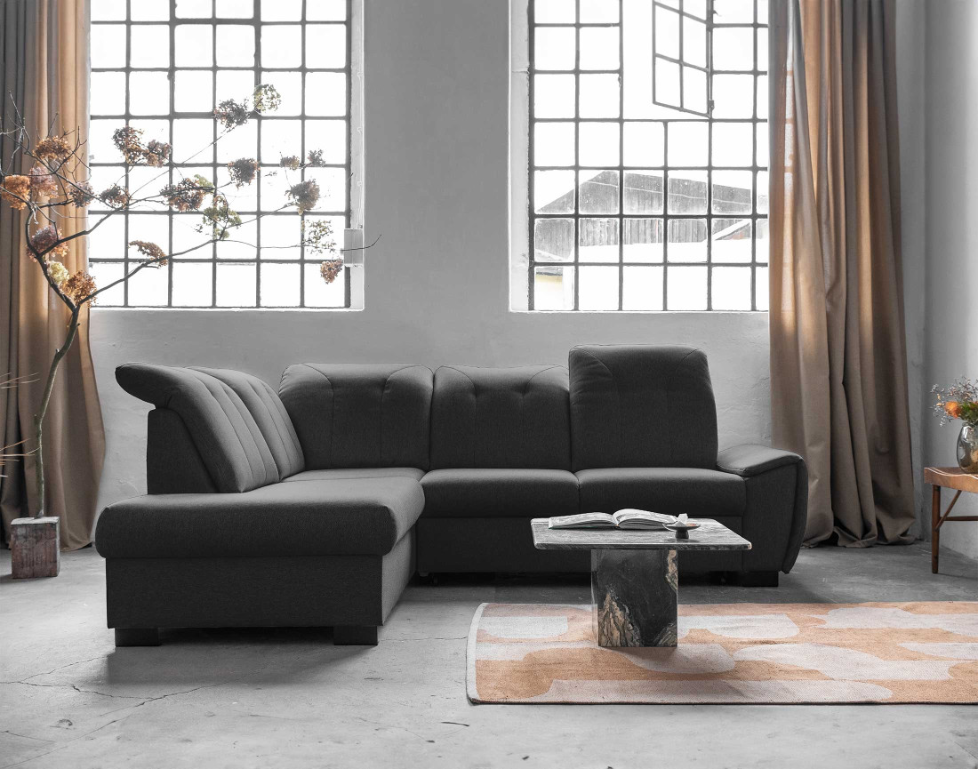 Canapé d'angle gauche 5 places convertible avec coffre et têtières en tissu Paul