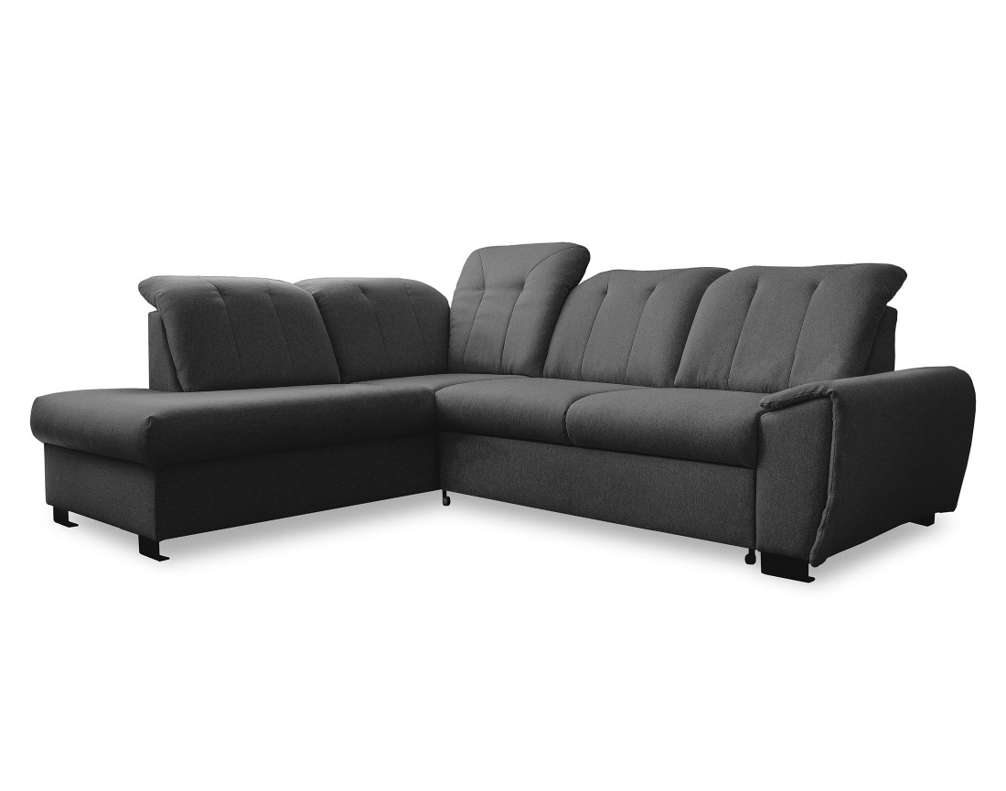 Canapé d'angle gauche 5 places convertible avec coffre et têtières en tissu Paul