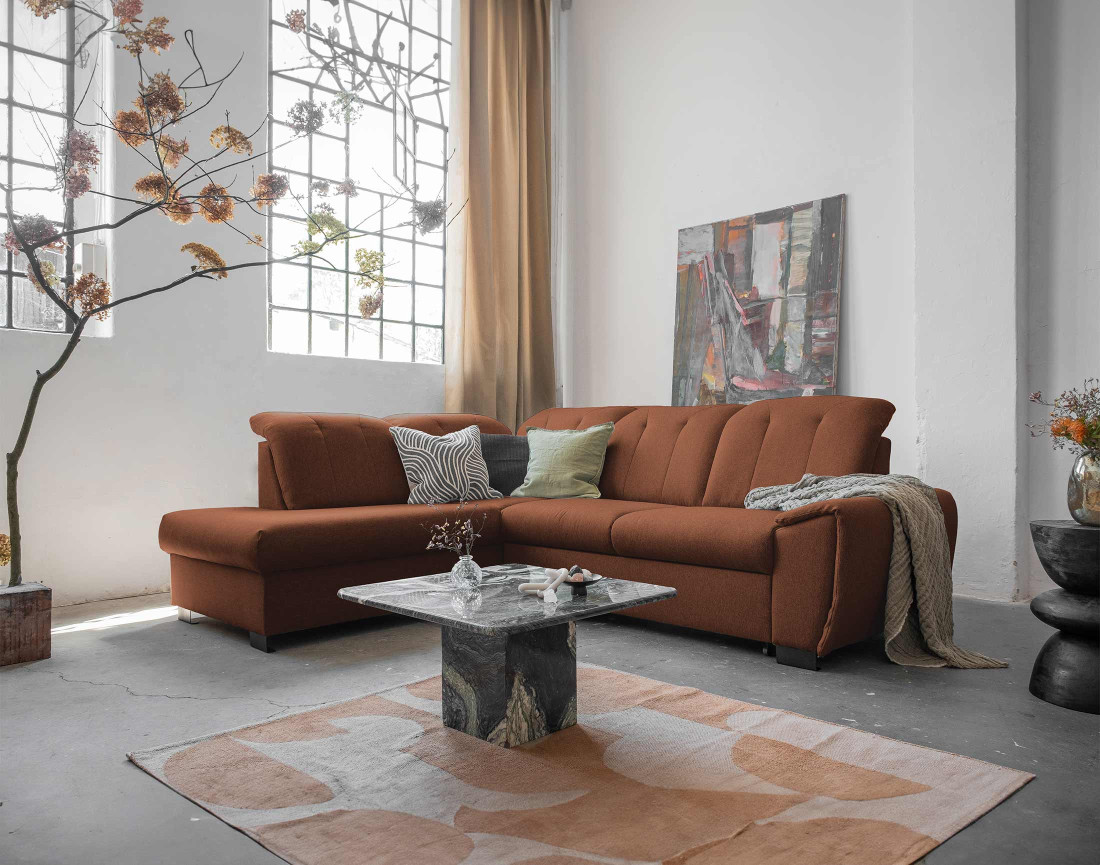 Canapé d'angle gauche 5 places convertible avec coffre et têtières en tissu Paul