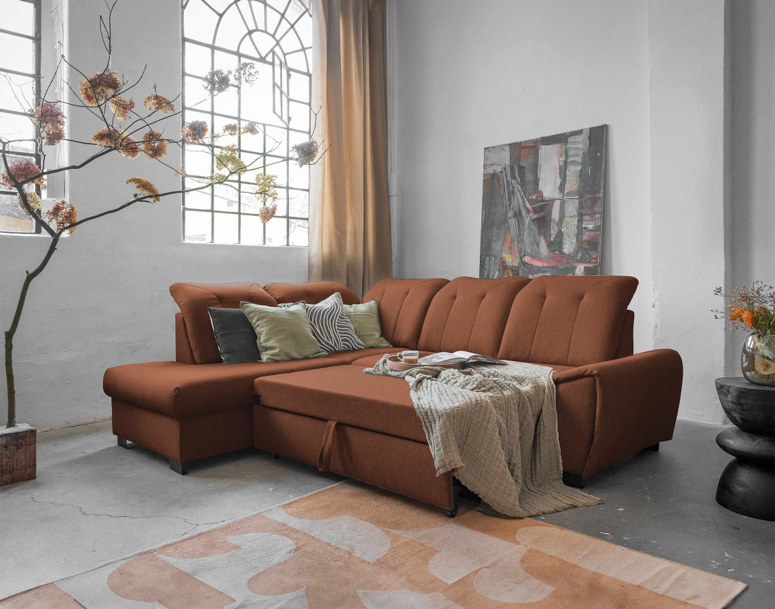 Canapé d'angle gauche 5 places convertible avec coffre et têtières en tissu Paul