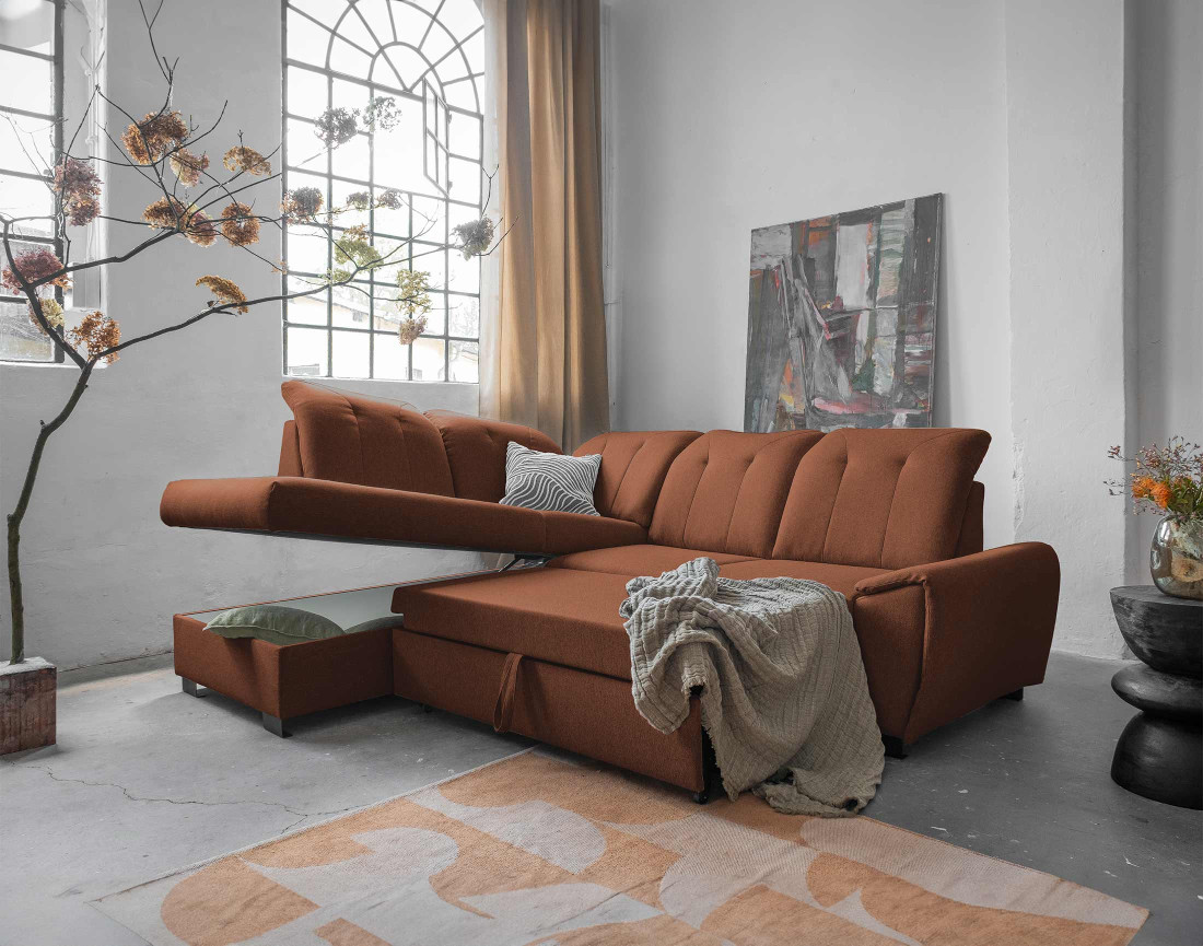 Canapé d'angle gauche 5 places convertible avec coffre et têtières en tissu Paul