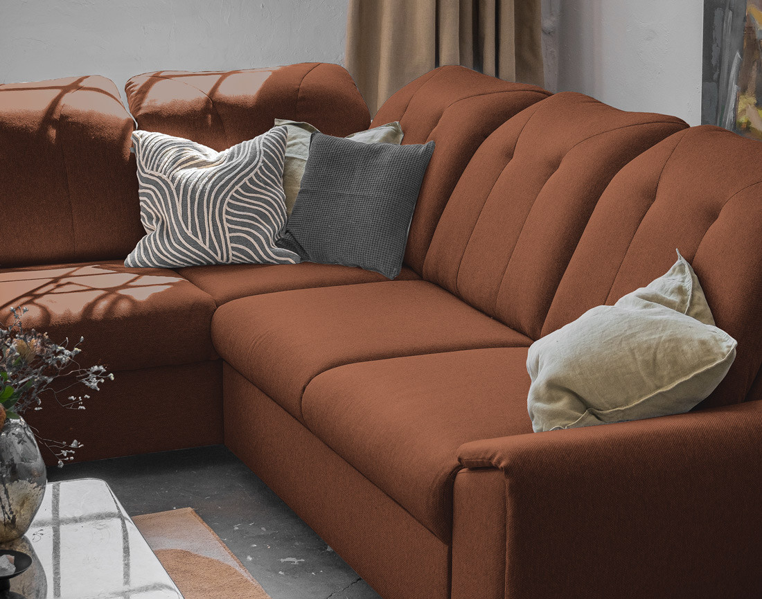 Canapé d'angle gauche 5 places convertible avec coffre et têtières en tissu Paul