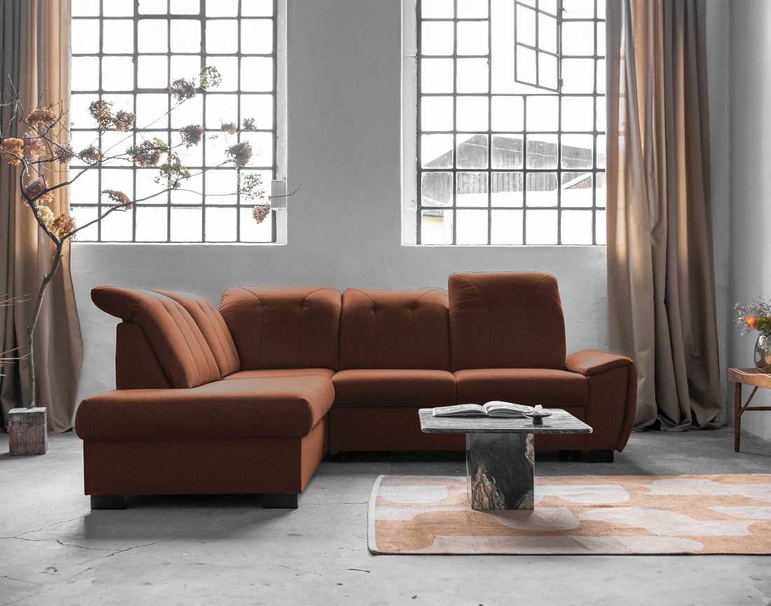 Canapé d'angle gauche 5 places convertible avec coffre et têtières en tissu Paul