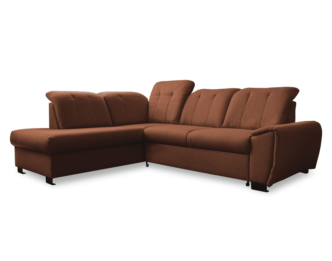 Canapé d'angle gauche 5 places convertible avec coffre et têtières en tissu Paul