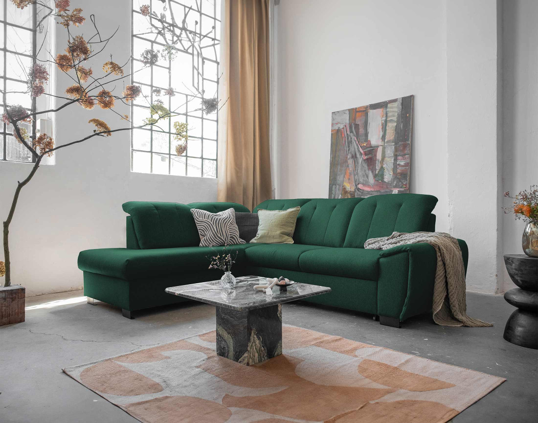 Canapé d'angle gauche 5 places convertible avec coffre et têtières en tissu Paul