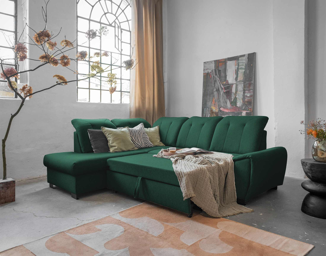 Canapé d'angle gauche 5 places convertible avec coffre et têtières en tissu Paul