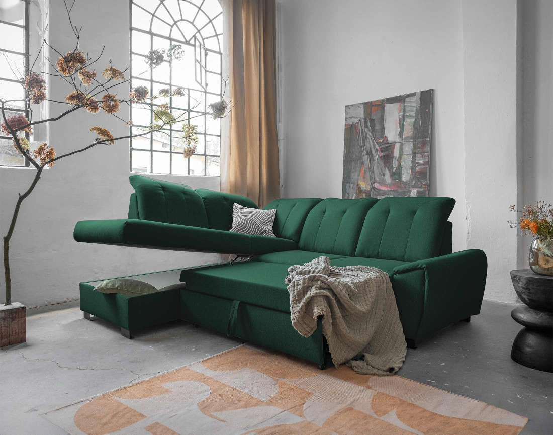 Canapé d'angle gauche 5 places convertible avec coffre et têtières en tissu Paul