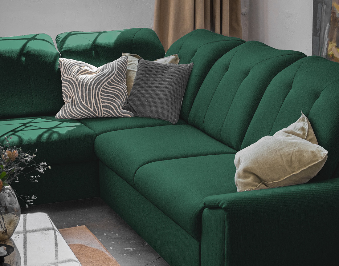 Canapé d'angle gauche 5 places convertible avec coffre et têtières en tissu Paul