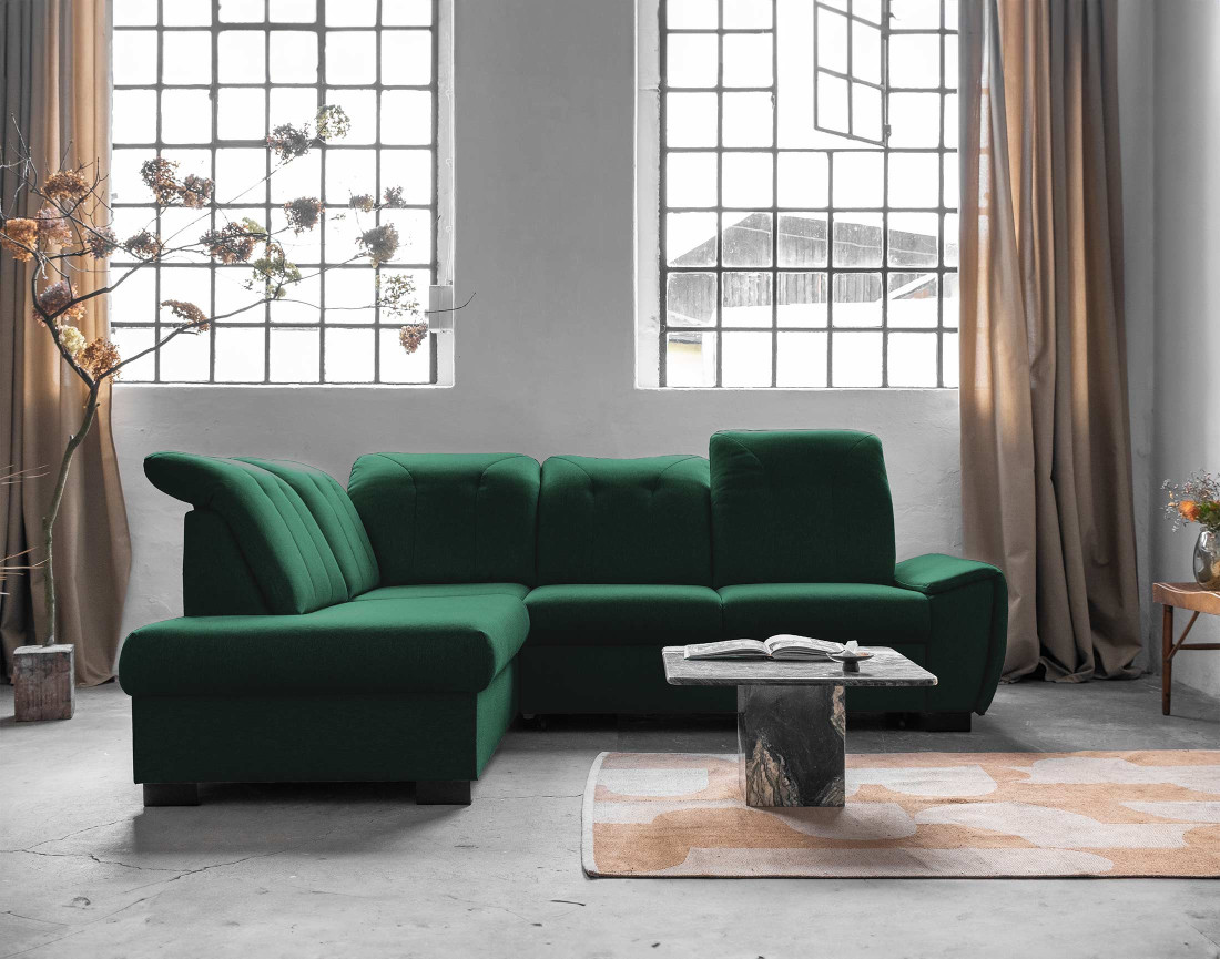 Canapé d'angle gauche 5 places convertible avec coffre et têtières en tissu Paul