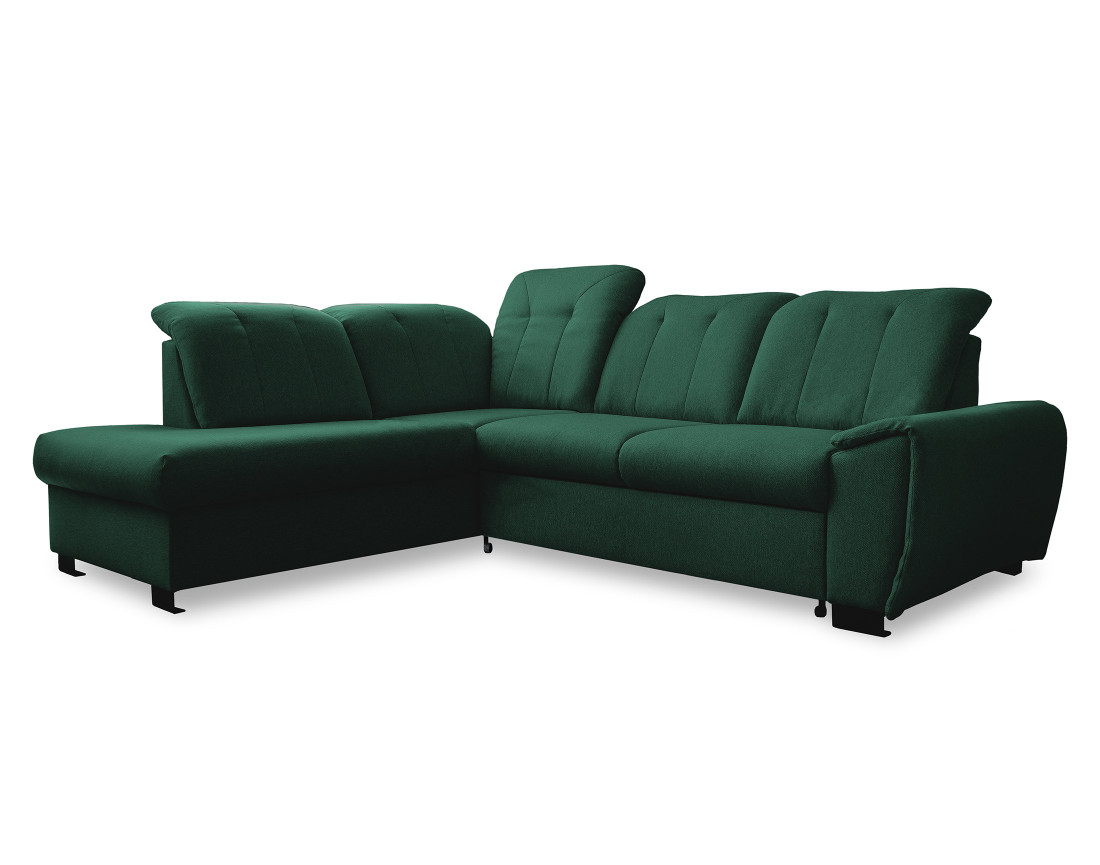 Canapé d'angle gauche 5 places convertible avec coffre et têtières en tissu Paul