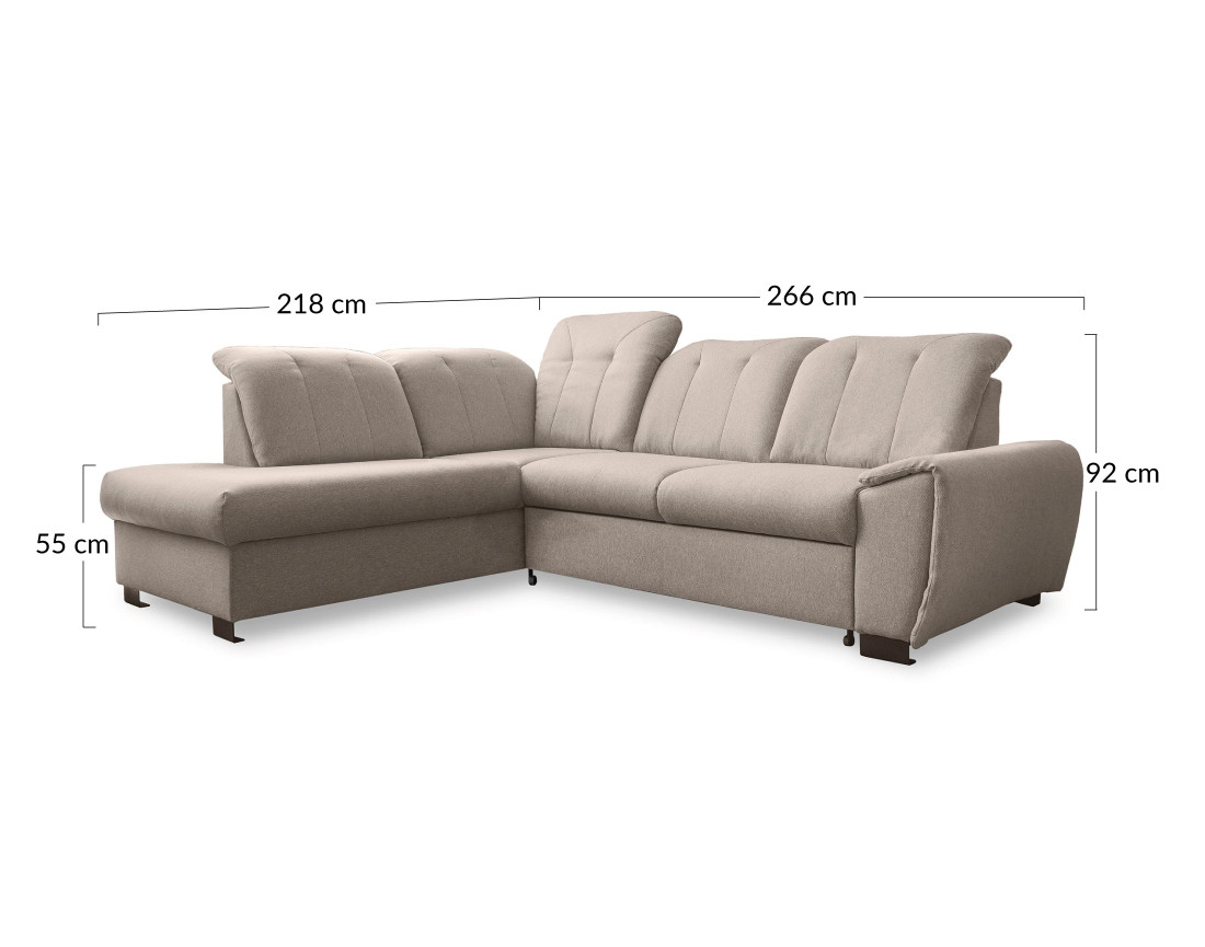 Canapé d'angle gauche 5 places convertible avec coffre et têtières en tissu Paul