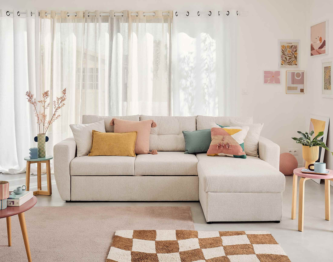 Canapé d'angle réversible 4 places convertible avec coffre en tissu texturé Astoria