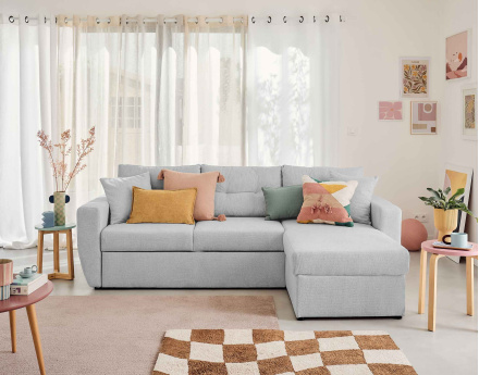 Canapé d'angle réversible 4 places convertible avec coffre en tissu texturé Astoria