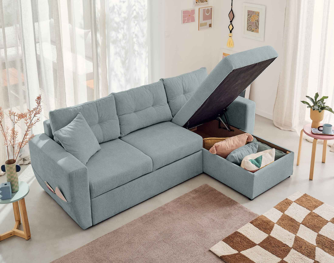 Canapé d'angle réversible 4 places convertible avec coffre en tissu texturé Astoria