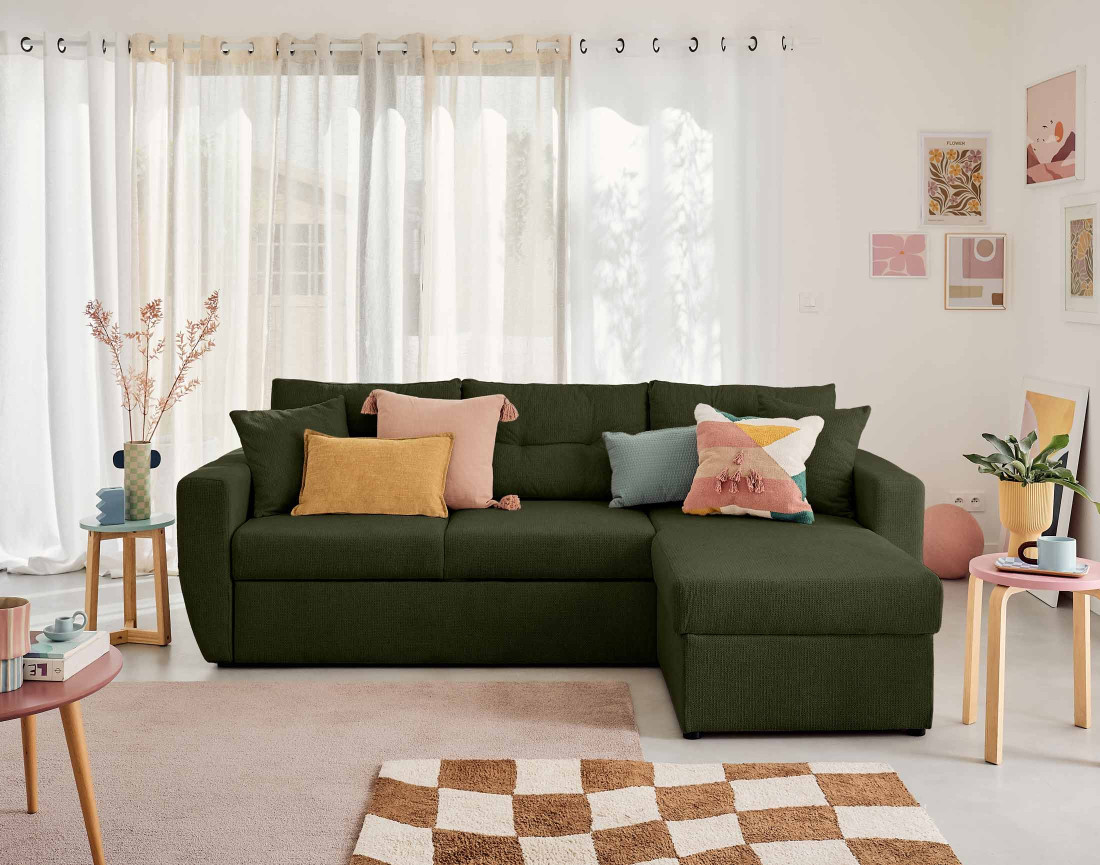 Canapé d'angle réversible 4 places convertible avec coffre en tissu texturé Astoria