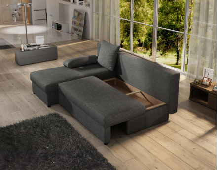 Canapé d'angle réversible 4 places convertible avec coffre en tissu Numancia