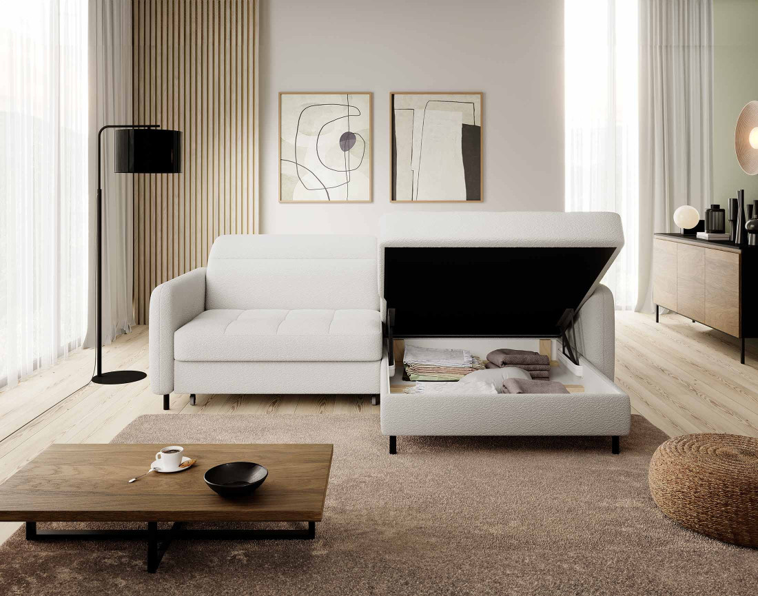 Canapé d'angle droit convertible avec coffre et têtières Sagada