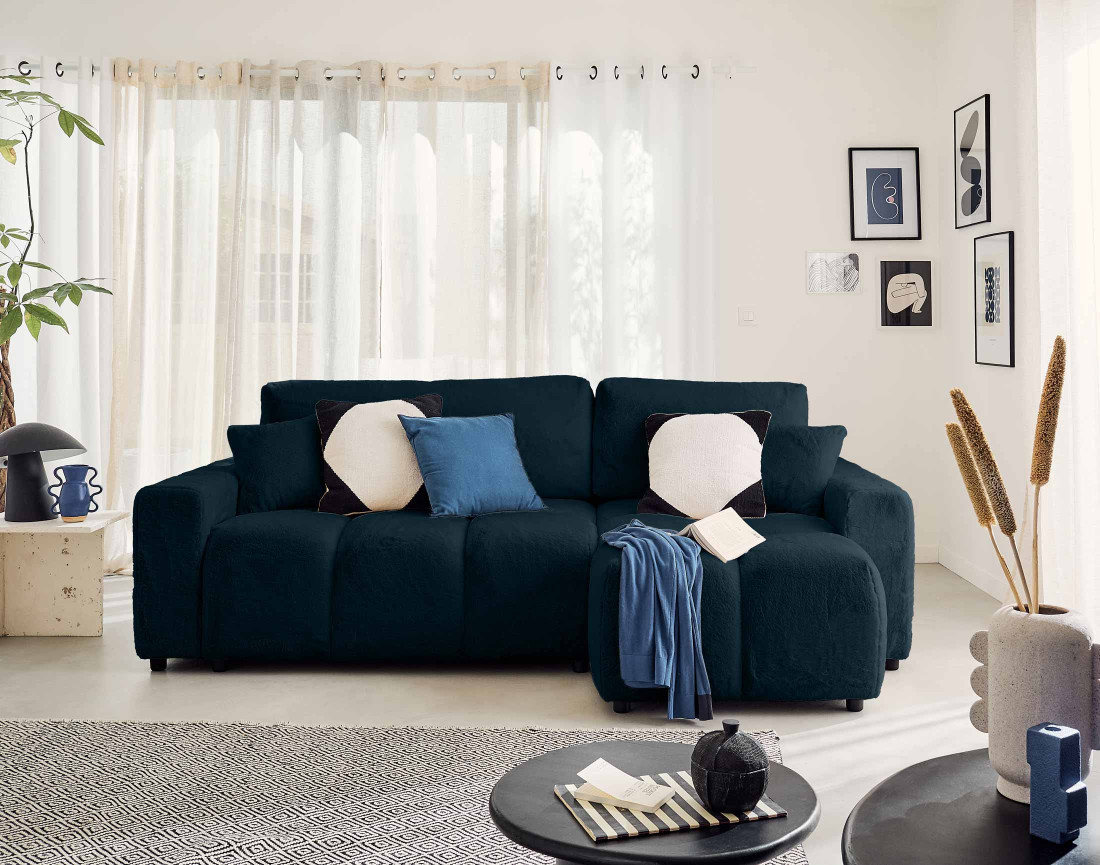 Canapé d'angle réversible convertible avec coffre 4 places en fausse fourrure Crocus