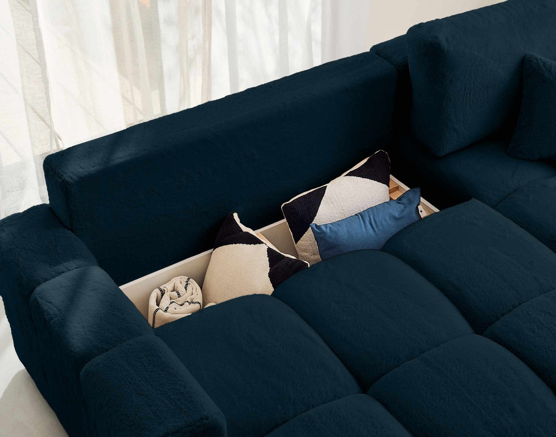 Canapé d'angle réversible convertible avec coffre 4 places en fausse fourrure Crocus