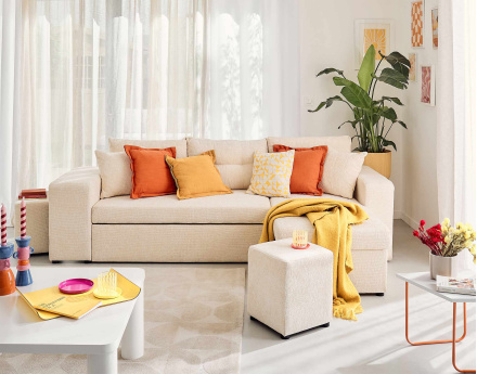 Canapé d'angle réversible 4 places convertible avec coffre, étagère et poufs en velours texturé California