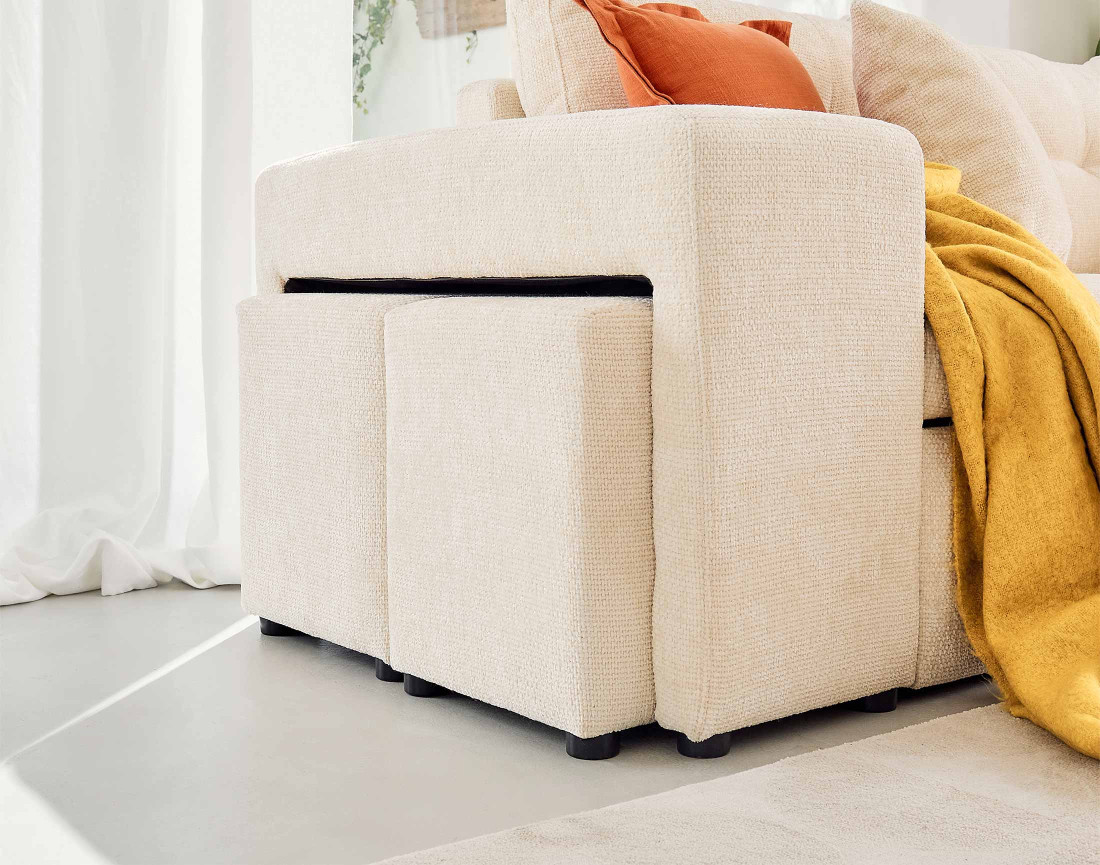 Canapé d'angle réversible 4 places convertible avec coffre, étagère et poufs en velours texturé California