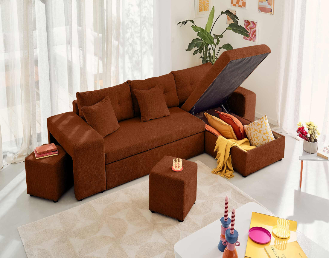 Canapé d'angle réversible 4 places convertible avec coffre, étagère et poufs en velours texturé California