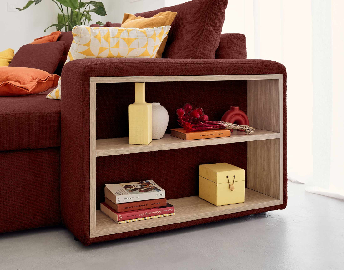 Canapé d'angle réversible 4 places convertible avec coffre, étagère et poufs en velours texturé California